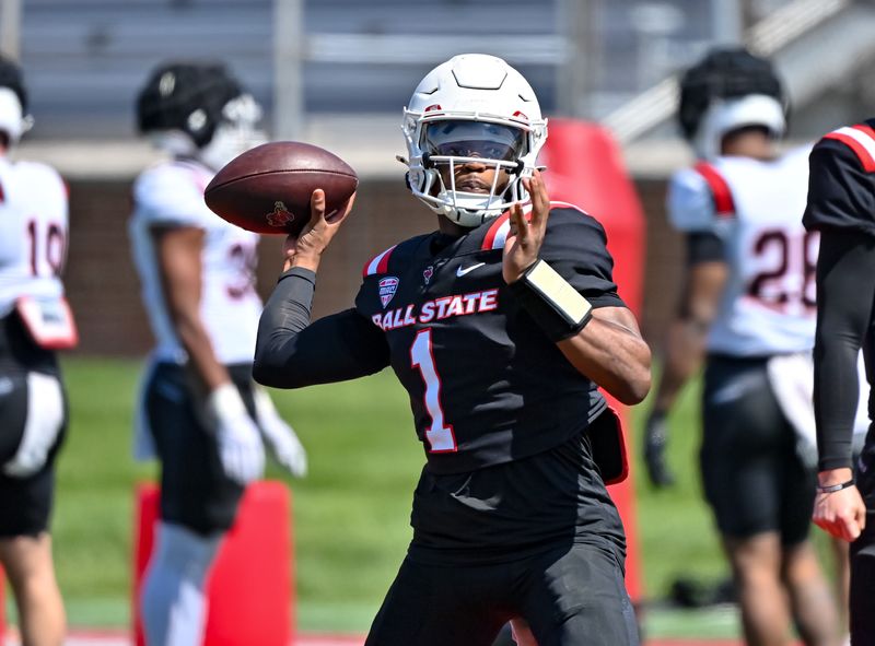Ball State football quarterback Kiael Kelly makes a throw during Ball State's 2025 spring showcase.