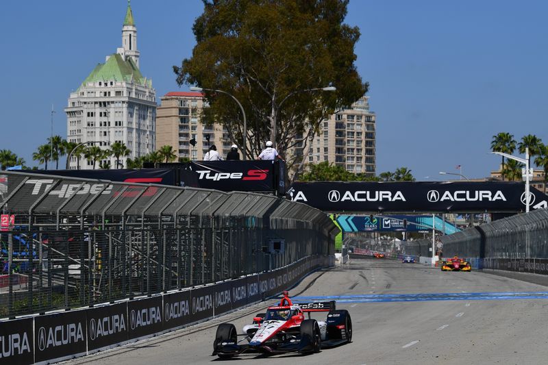 Apr 13, 2025; Long Beach, California, USA; Andretti Global driver Kyle Kirkwood (27) during the Long Beach Grand Prix at Long Beach street circuit. Mandatory Credit: Gary A. Vasquez-Imagn Images