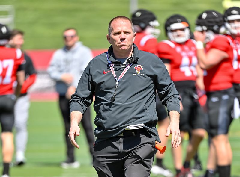 Ball State head coach Mike Uremovich during the Ball State football Spring Showcase at Scheumann Stadium on Saturday, April 12, 2025.