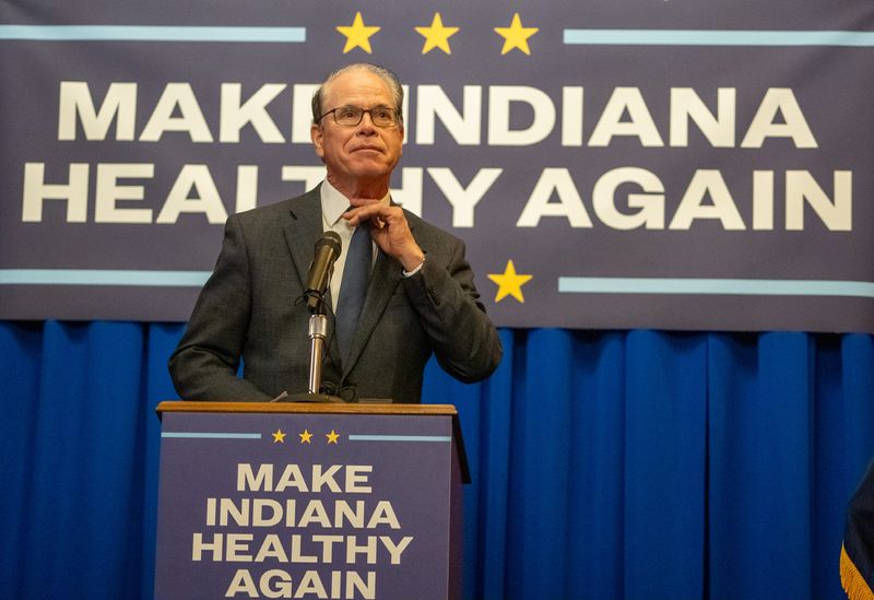 Indiana Gov. Mike Braun announces Tuesday, April 15, 2025, the Make Indiana Healthy Again initiative during a press event inside the Authors Room at the Indiana State Library.