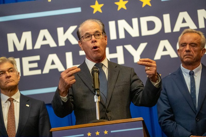 Indiana Gov. Mike Braun was joined Tuesday, April 15, 2025, by U.S. Health and Human Services Secretary Robert F. Kennedy, Jr. and Centers for Medicare and Medicaid Services Administrator Dr. Mehmet Oz to announce Braun’s Make Indiana Healthy Again initiative inside the Authors Room at the Indiana State Library.