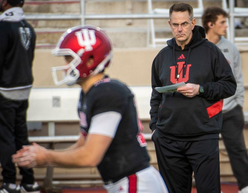Indiana Head Coach Curt Cignetti watches as the Hoosiers get ready before the start of the Indiana football spring game at Memorial Stadium on Thursday, April 17, 2025.