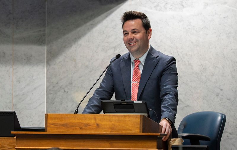 Lt. Gov. Micah Beckwith presiding over the senate on Thursday, April 24, 2025, during the legislative session at the Indiana State Capitol in Indianapolis.