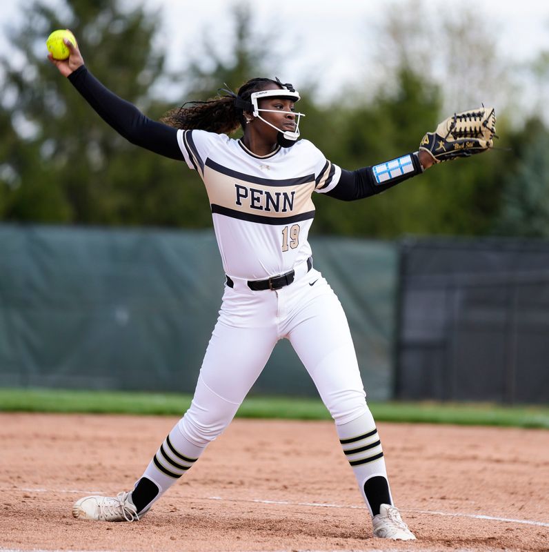 Penn's Caitlyn Denny (19) pitches the ball Saturday, April 26, 2025, during the Carmel Softball Invitational at Cherry Tree Softball Complex in Carmel.