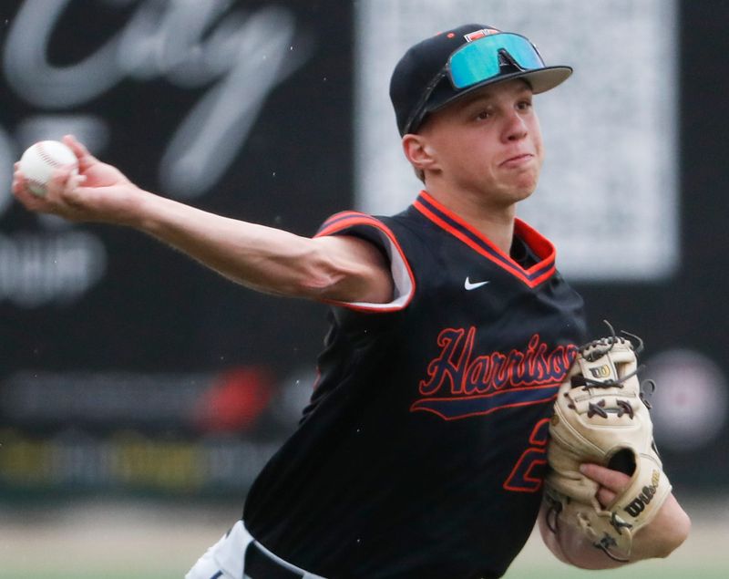 Harrison Raiders Kendrick Pena (27) throws the ball Tuesday, April 29, 2025, during the IHSAA baseball game against the Lafayette Jeff Bronchos at Loeb Stadium in Lafayette, Indiana. Harrison won 8-2.