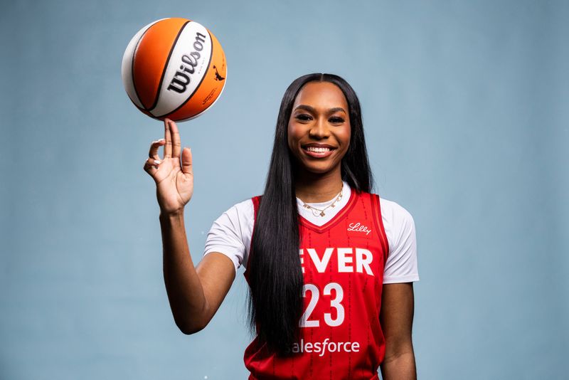 Indiana Fever guard Bree Hall poses for a photo Wednesday, April 30, 2025, during the Indiana Fever media day at Gainbridge Fieldhouse in Indianapolis.