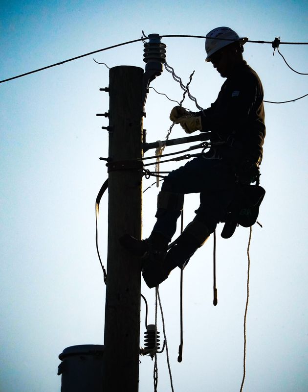 A Duke Energy Lineworker competes in the Midwest Lineman’s Rodeo at Duke Energy’s Indiana Regional Headquarters on Saturday, April 12, 2025, in Plainfield, Ind.