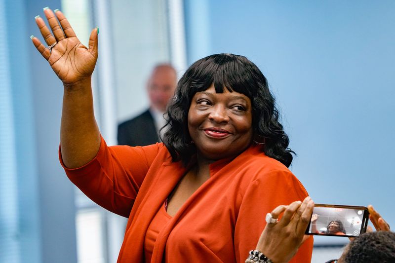 Center Township Trustee LaDonna Freeman attends a community conversation with U.S. Rep. Andre Carson, and U.S. Rep. Katherine Clark, who is the top Democratic Whip for House Democrats in Washington, D.C. on Friday, May 2, 2025, at the Julia Carson Government Center in Indianapolis.