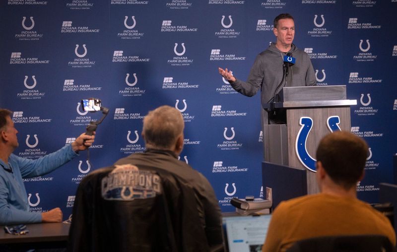 New Indianapolis Colts Defensive Coordinator Lou Anarumo speaks during a press conference Thursday, Jan. 23, 2025 at the Colts practice facility, the Indiana Farm Bureau Football Center.