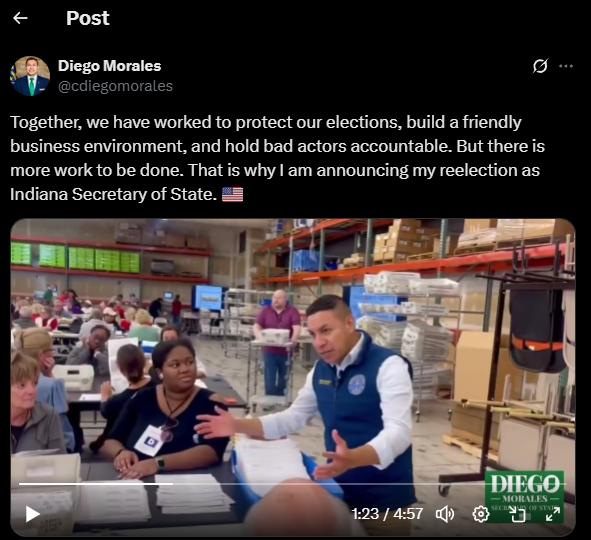 Secretary of State Diego Morales' new campaign video appears to feature footage of an official visit to Marion County's Election Service Center. An Indianapolis election official wants him to take it down.