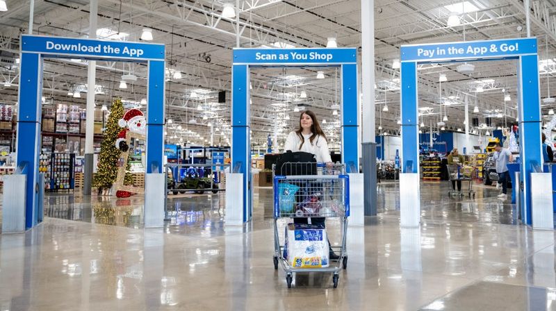 Sam's Club exit technology uses AI to allow shoppers using the Scan&Go app to pay and skip checkout lanes. AI technology checks the cart contents matches the receipt.