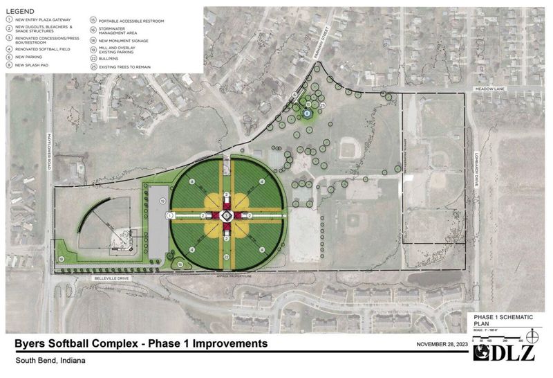 This is an architect’s map of improvements planned for the Byers Softball Complex at Mayflower Road in South Bend.