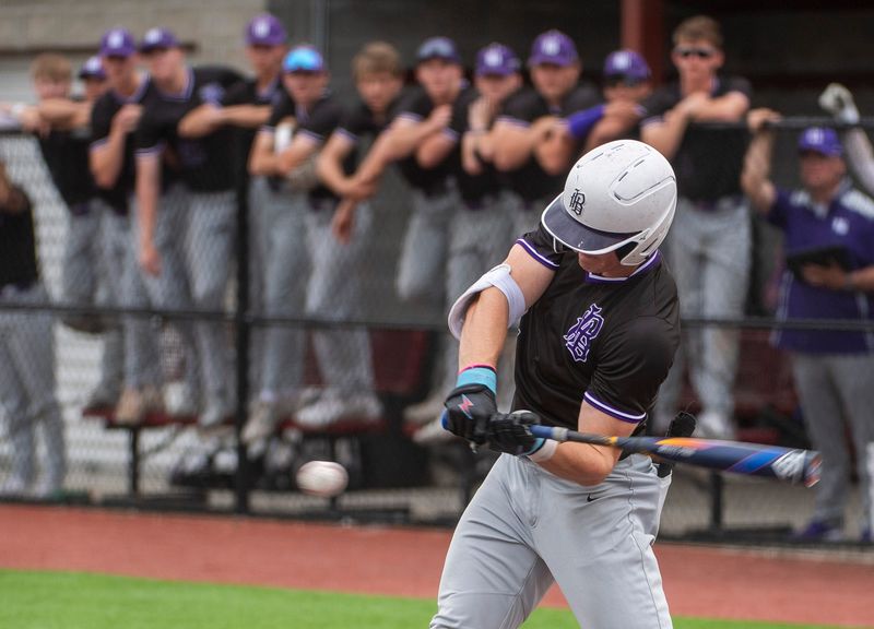 South's Connor Osborne (7) hits during the Bloomington North versus Bloomington South baseball game at Bloomington High School North on Thursday, May 15, 2025.