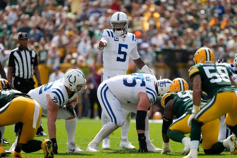 Sep 15, 2024; Green Bay, Wisconsin, USA; Indianapolis Colts quarterback Anthony Richardson (5) during the game against the Green Bay Packers at Lambeau Field. Mandatory Credit: Jeff Hanisch-Imagn Images