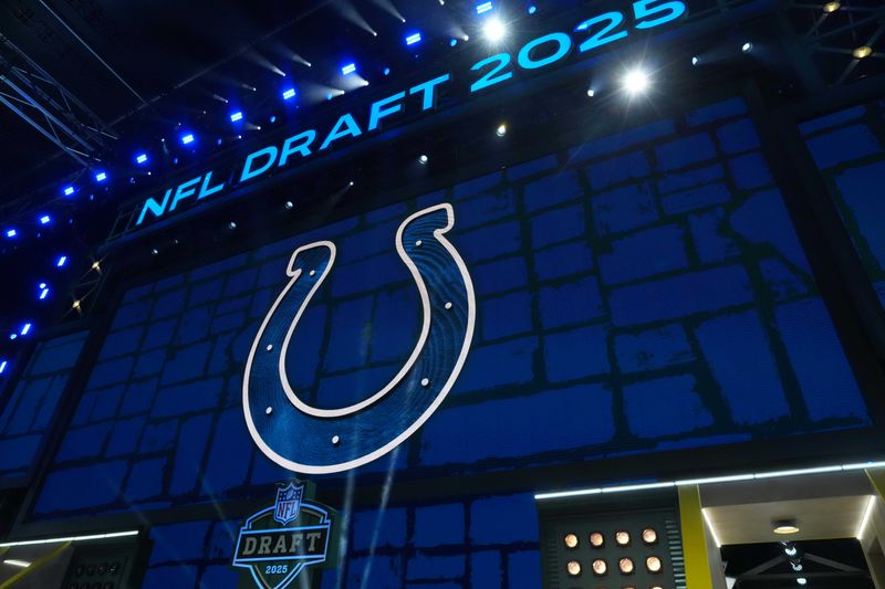 Apr 24, 2025; Green Bay, WI, USA; The Indianapolis Colts logo is projected on the video board during the NFL Draft at Lambeau Field.