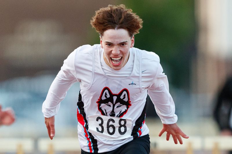 Saint Joseph's Will Elick celebrates as he wins the 300 meter hurdles during the IHSAA boys track and field sectional at Penn High School on Thursday, May 22, 2025, in Mishawaka.