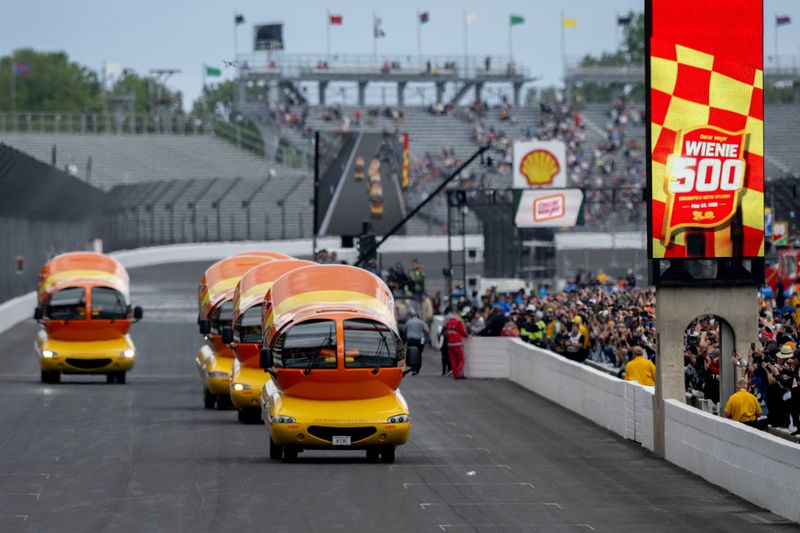 Oscar Mayer Wienermobiles compete in the Wienie 500 on Friday, May 23, 2025, on Carb Day ahead of the 109th running of the Indianapolis 500 at Indianapolis Motor Speedway.