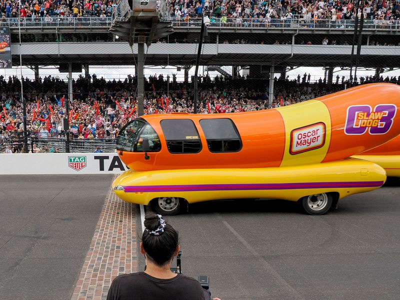 Slaw Dog crosses the yard of bricks to win the Wienie 500 on Friday, May 23, 2025, on Carb Day ahead of the 109th running of the Indianapolis 500 at Indianapolis Motor Speedway.