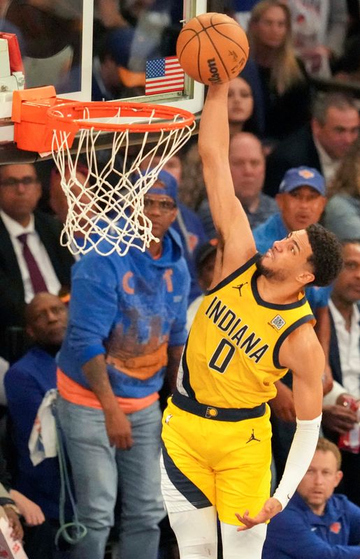 Indiana Pacers guard Tyrese Haliburton (0) dunks the ball against the New York Knicks during the second half of Game 2 of the NBA Eastern Conference finals on Friday, May 23, 2025, at Madison Square Garden in New York City.