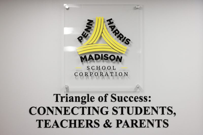 The Penn-Harris-Madison School Corp. logo during a special board meeting at the P-H-M Educational Services Center on Tuesday, May 27, 2025, in Mishawaka.