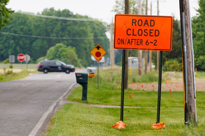 A sign informs motorists of the future closure of Beech Road for construction of a new roundabout on Wednesday, May 28, 2025, in Granger.