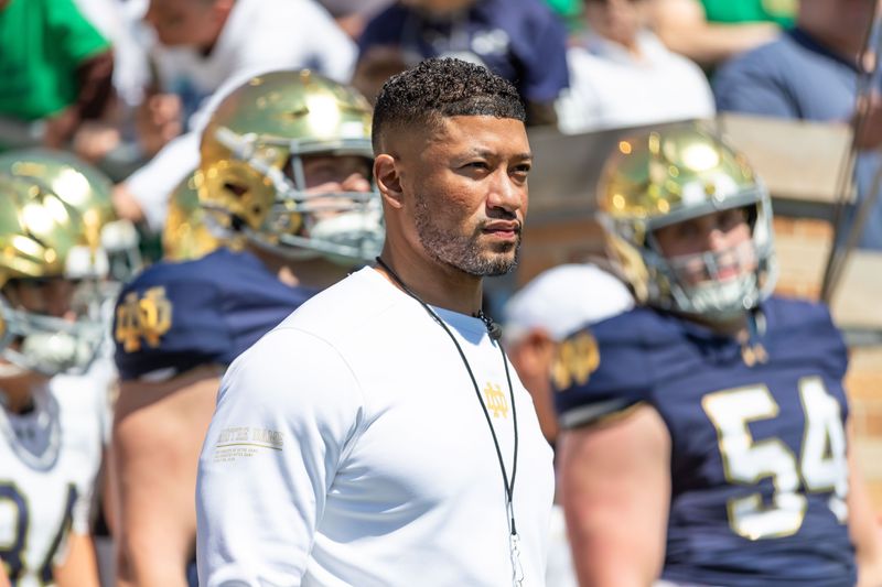 Apr 12, 2025; Notre Dame, IN, USA; Notre Dame Fighting Irish head coach Marcus Freeman waits to run onto the field during the Blue-Gold game at Notre Dame Stadium. Mandatory Credit: Michael Caterina-Imagn Images
