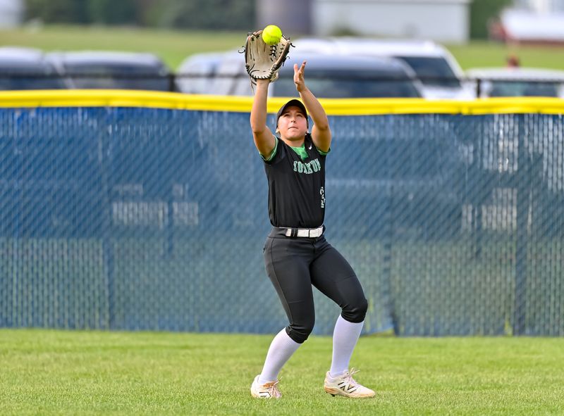 Yorktown softball outfielder Olivia Jaromin catches a fly ball during Yorktown's 14-3 win over Hamilton Heights in the IHSAA Sectional 24 championship at Delta High School on Thursday, May 29, 2025.