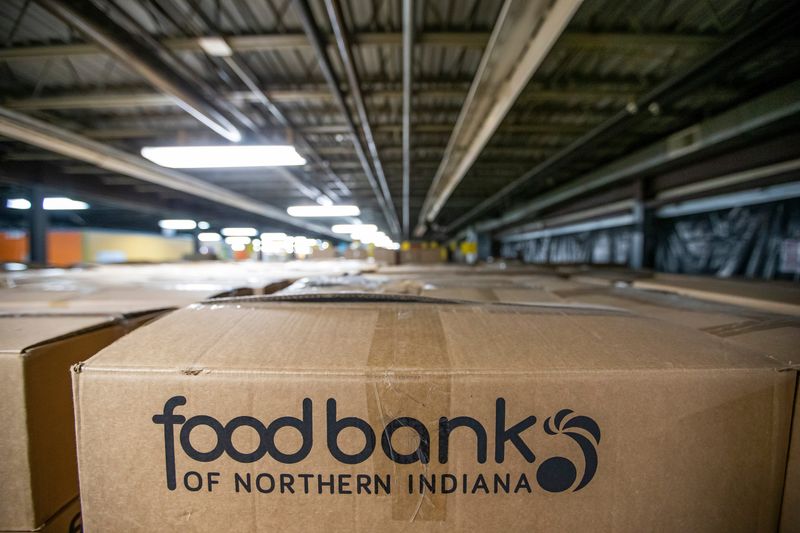 Boxes of food are stacked up inside the Food Bank of Northern Indiana on Wednesday, Nov. 17, 2021, in South Bend.