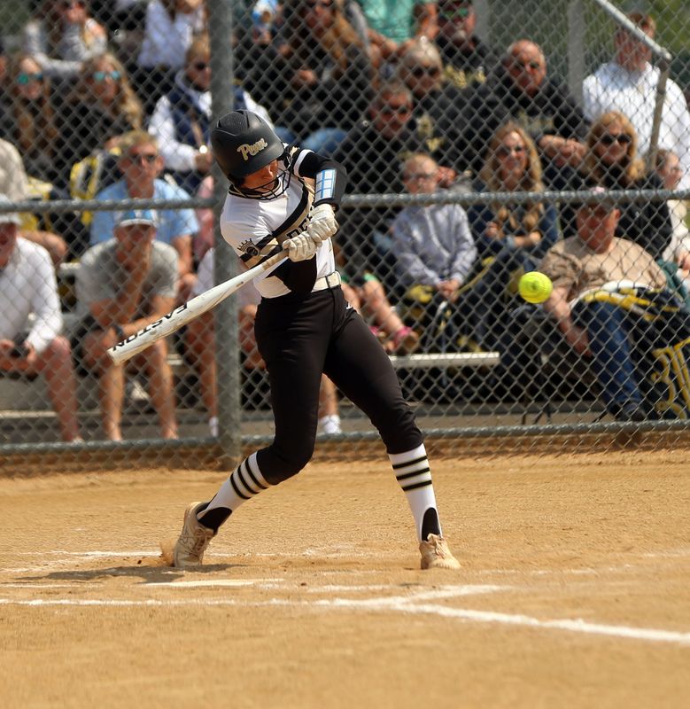 Penn junior Phoebe Wood connects on a double during an IHSAA Class 4A softball sectional championship game against LaPorte Saturday, May 31, 2025, at Baker Park in Mishawaka.