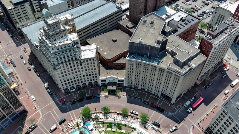 Circle Tower and the AES building are seen Monday, June 2, 2025, on Monument Circle in Indianapolis.