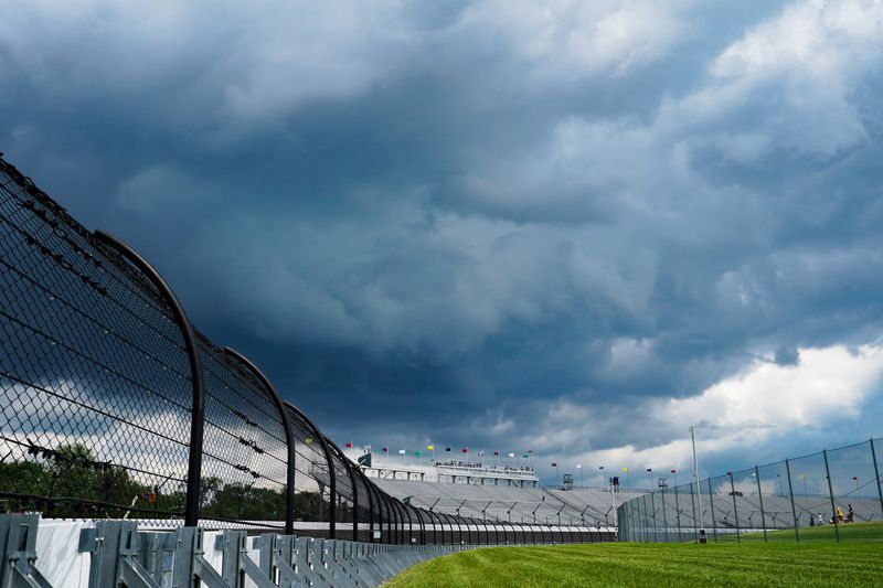 Rain showers skirt the track on Wednesday, May 14, 2025, during practice for the 109th running of the Indianapolis 500 at Indianapolis Motor Speedway.