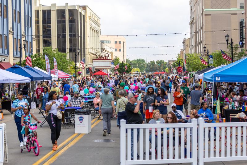 Attendees on South Michigan Street during First Fridays on June 6, 2025, in downtown South Bend.