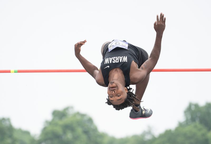 Warsaw’s Jordan Randall competes in the high jump Friday, June 6, 2025, during the IHSAA annual boys state track and field finals in Indianapolis.