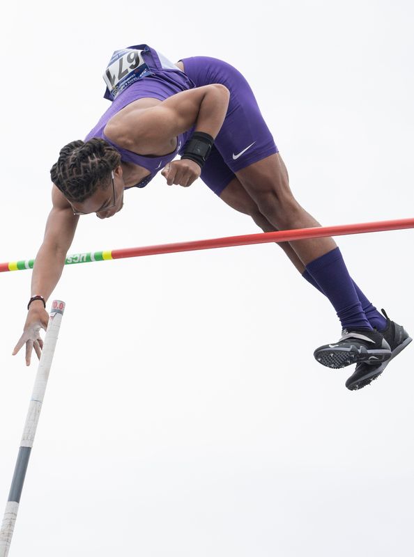 Merrillville’s Demarco Easter competes in the pole vault Friday, June 6, 2025, during the IHSAA annual boys state track and field finals in Indianapolis.