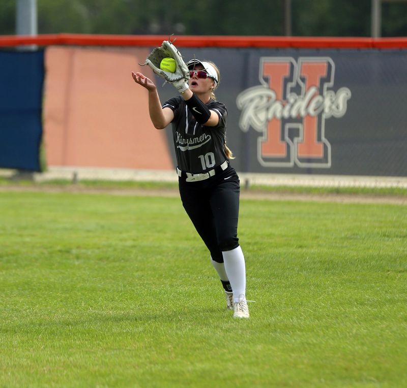 Penn junior Logan Rumble catches a flyout during an IHSAA Class 4A softball semi-state semifinal game against Harrison Saturday, June 7, 2025, at Harrison High School in West Lafayette.
