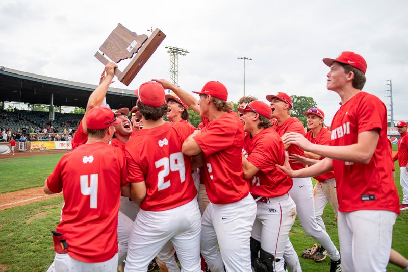 The Mater Dei Wildcats celebrate their victory over the Barr-Reeve Vikings in the IHSAA Class 2A Baseball Regional at Bosse Field in Evansville, Ind., Saturday, June 7, 2025.