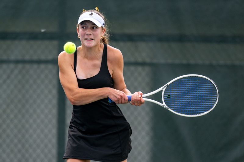 Jasper High School freshman Lila Hawkes during an IHSAA Girls’ Tennis State Championship Tournament against Brebeuf Jesuit High School, Saturday, June 7, 2025, at North Central High School.
