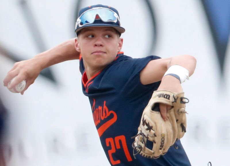 Harrison Raiders Kendrick Pena (27) throws the ball Saturday, June 7, 2025, during the IHSAA baseball regional championship game against the Westfield Shamrocks at Loeb Stadium in Lafayette, Indiana. Westfield won 7-6 in nine innings.