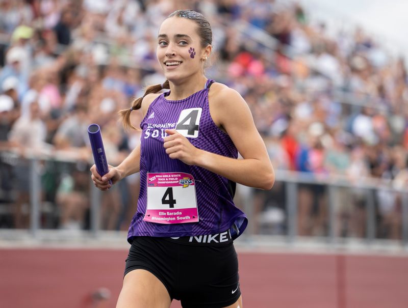 Bloomington South’s Ellie Barada crosses the finish line in first place for the 3200 meter relay Saturday, June 7, 2025, during the IHSAA annual girls state track and field finals in Indianapolis.