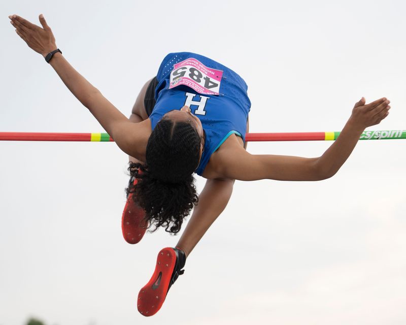 Heritage Christian’s Kya Crooke competes in the high jump Saturday, June 7, 2025, during the IHSAA annual girls state track and field finals in Indianapolis. Crooke placed first in both the high jump and the long jump and set new state records in both events.