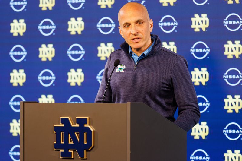 Pete Bevacqua, athletic director for the University of Notre Dame, announces Pat Garrity as the new men's and women's basketball general manager, during a press conference at Notre Dame Stadium on Thursday, May 22, 2025, in South Bend.