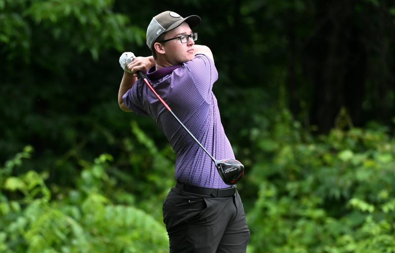 Bloomington South’s Colton Watson hits a tee shot during the IHSAA boys’ golf sectional at Cascades Golf Course on Monday, June 9, 2025.