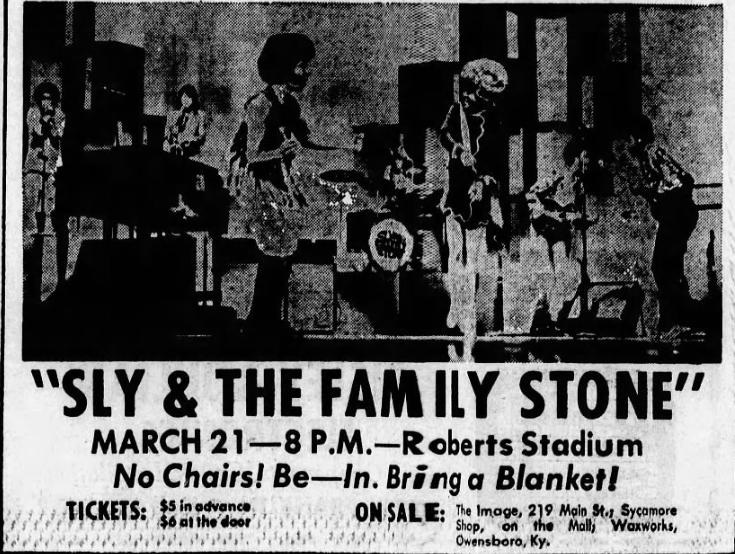 A newspaper ad for a 1971 Sly & the Family Stone concert at Evansville's Roberts Stadium is seen. Like many Stone shows, the concert never took place.