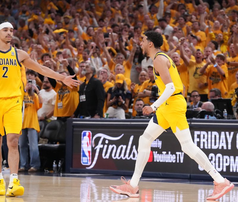 Indiana Pacers guard Tyrese Haliburton (0) celebrates a made basket Wednesday, June 11, 2025, against the Oklahoma City Thunder during Game 3 of the NBA Finals at Gainbridge Fieldhouse in Indianapolis.