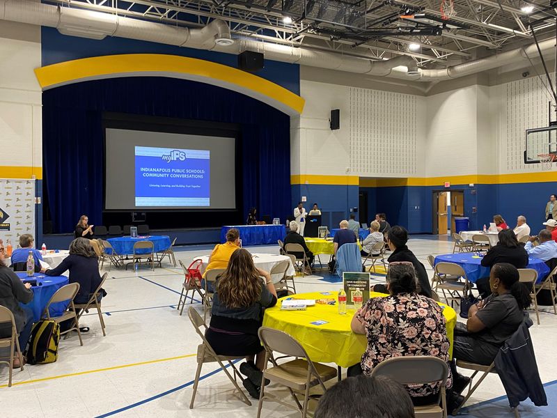 Community members gather at James Whitcomb Riley School 43 for one of the IPS community conversation meetings held on Thursday, June 5, 2025.
