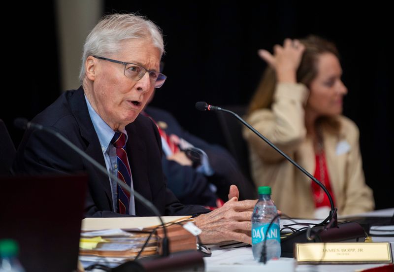 Newly appointed Trustee Jim Bopp asks a question during the Indiana University Board of Trustees meeting at Indiana University - Bloomington on Thursday, June 12, 2025.