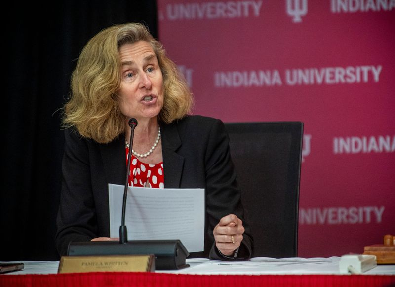 Indiana University President Pamela Whitten speaks during the Indiana University Board of Trustees meeting in the Henke Hall of Champions at Memorial Stadium at Indiana University - Bloomington on Thursday, June 12, 2025.