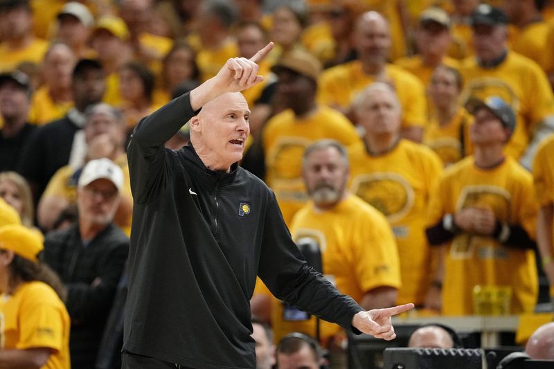Jun 13, 2025; Indianapolis, Indiana, USA; Indiana Pacers head coach Rick Carlisle directs players during the second half during game four of the 2025 NBA Finals at Gainbridge Fieldhouse. Mandatory Credit: Kyle Terada-Imagn Images
