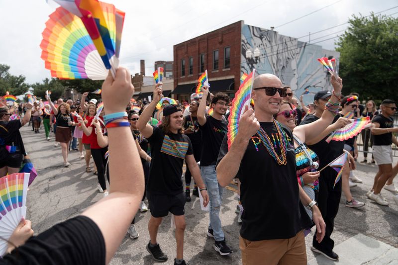 Parade participants march down Massachusetts Avenue Saturday, June 14, 2025, during the Indy Pride Parade in Indianapolis.