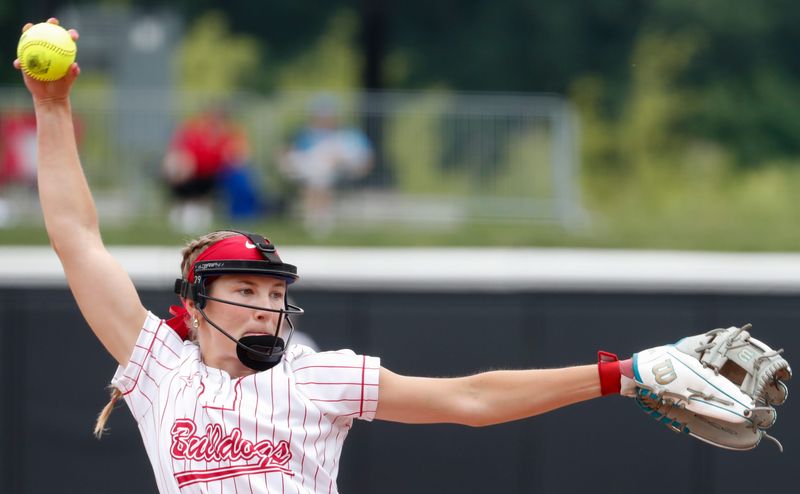 Crown Point Bulldogs Paige Liezert (29) pitches Saturday, June 14, 2025, during the IHSAA Class 4A softball state championship game against the Crown Point Bulldogs at Purdue University’s Bittinger Stadium in West Lafayette, Indiana. Crown Point Bulldogs won 2-0 in nine innings.